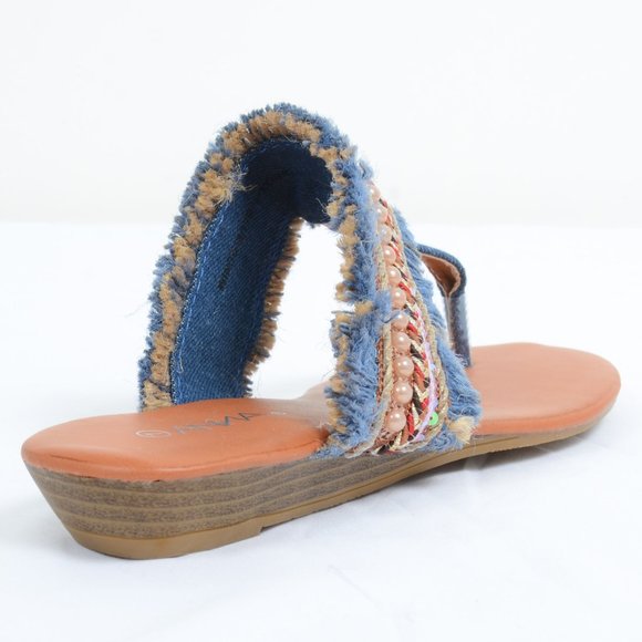 Anna Shoes | Blue Denim Frayed Thong Wedge Summer Sandals | Poshmark